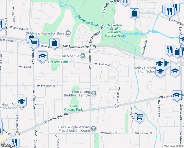 map of restaurants, bars, coffee shops, grocery stores, and more near 15988 Southwest Roth Drive in Beaverton