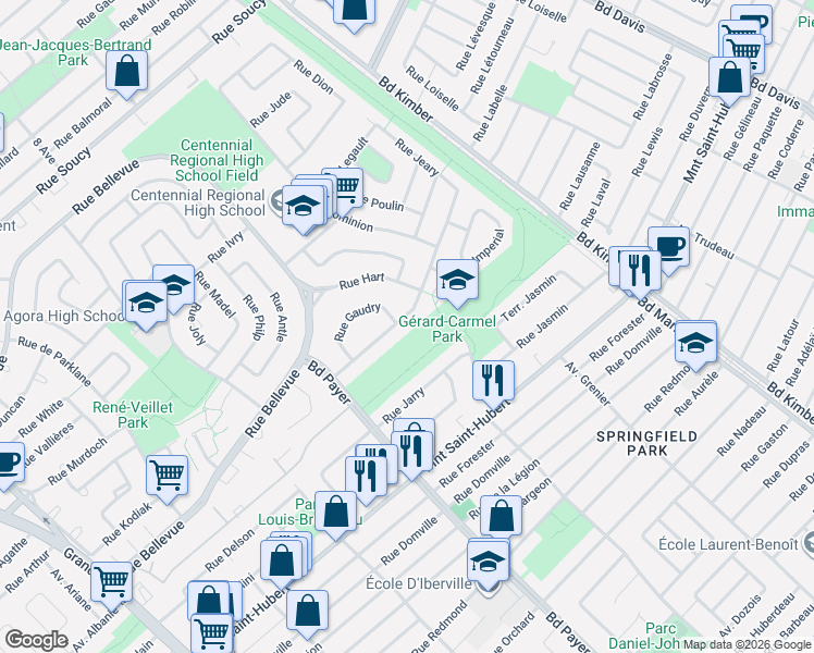 map of restaurants, bars, coffee shops, grocery stores, and more near 881 Rue Cummings in Longueuil