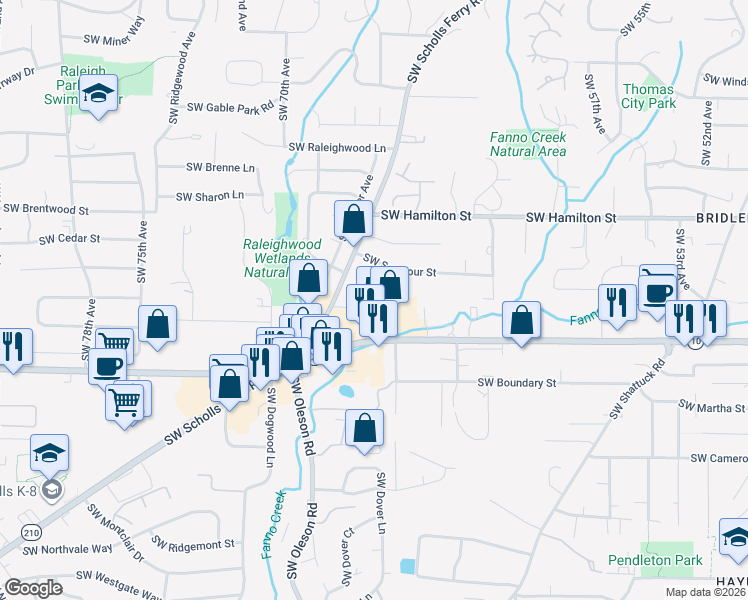 map of restaurants, bars, coffee shops, grocery stores, and more near 6542 Southwest Seymour Street in Portland