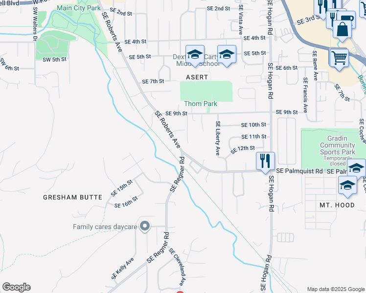 map of restaurants, bars, coffee shops, grocery stores, and more near 1070 Southeast Spruce Court in Gresham