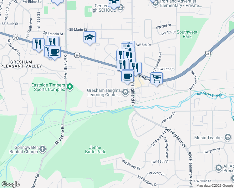 map of restaurants, bars, coffee shops, grocery stores, and more near 4777 Southwest 11th Street in Gresham