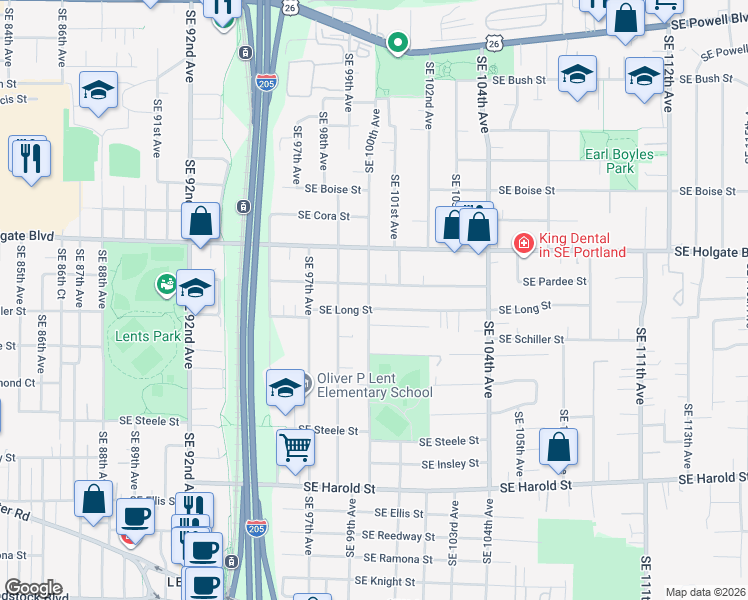 map of restaurants, bars, coffee shops, grocery stores, and more near 10019 Southeast Pardee Street in Portland