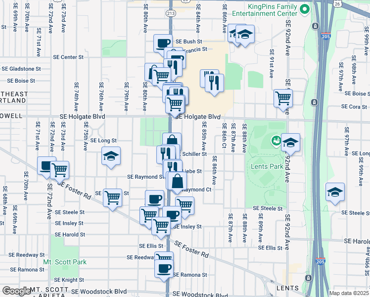 map of restaurants, bars, coffee shops, grocery stores, and more near 4611 Southeast 84th Avenue in Portland