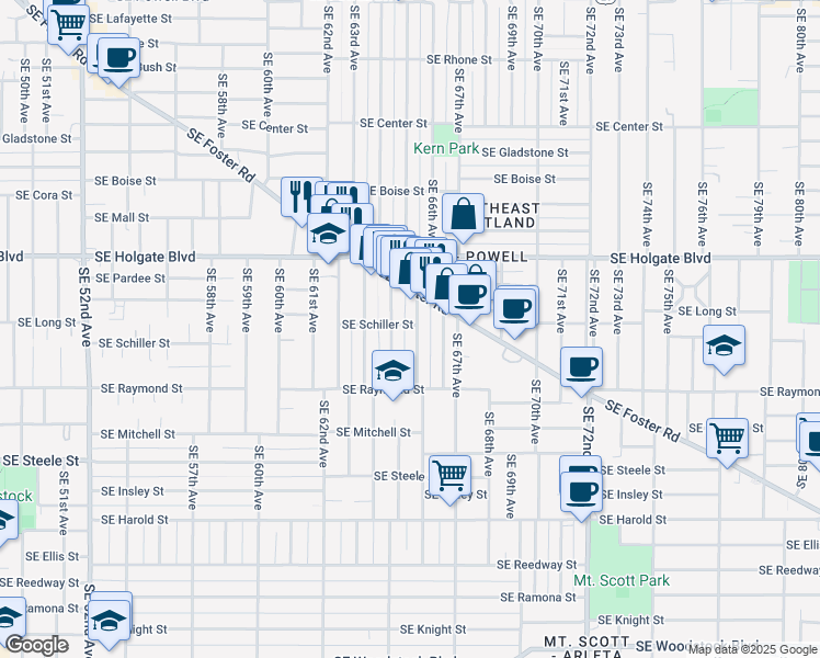 map of restaurants, bars, coffee shops, grocery stores, and more near 6432-6434 Southeast Foster Road in Portland