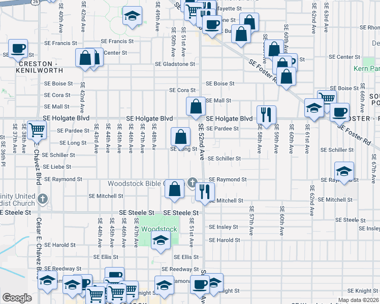 map of restaurants, bars, coffee shops, grocery stores, and more near 4629 Southeast 51st Avenue in Portland
