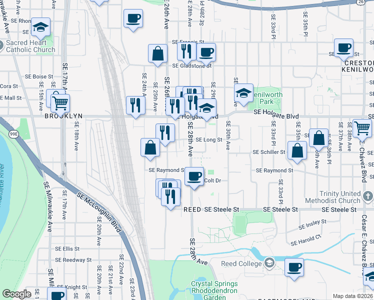 map of restaurants, bars, coffee shops, grocery stores, and more near 2703 Southeast Long Street in Portland