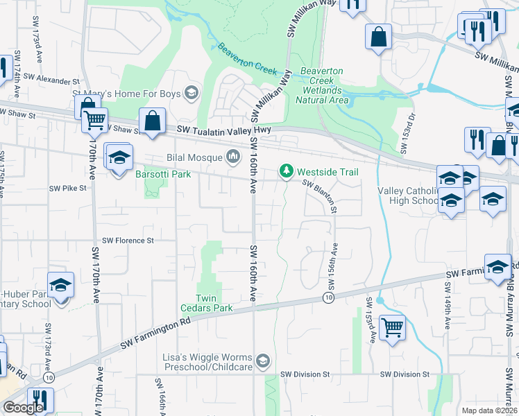 map of restaurants, bars, coffee shops, grocery stores, and more near 4263 Southwest 159th Avenue in Beaverton