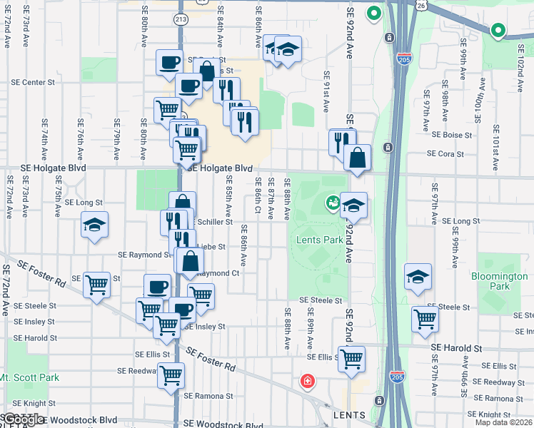 map of restaurants, bars, coffee shops, grocery stores, and more near 4715 Southeast 87th Avenue in Portland