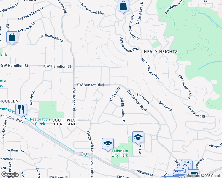 map of restaurants, bars, coffee shops, grocery stores, and more near 4730 Southwest Dosch Park Lane in Portland