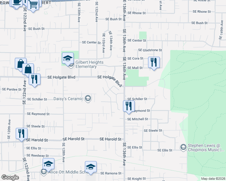 map of restaurants, bars, coffee shops, grocery stores, and more near 13515 Southeast Holgate Boulevard in Portland