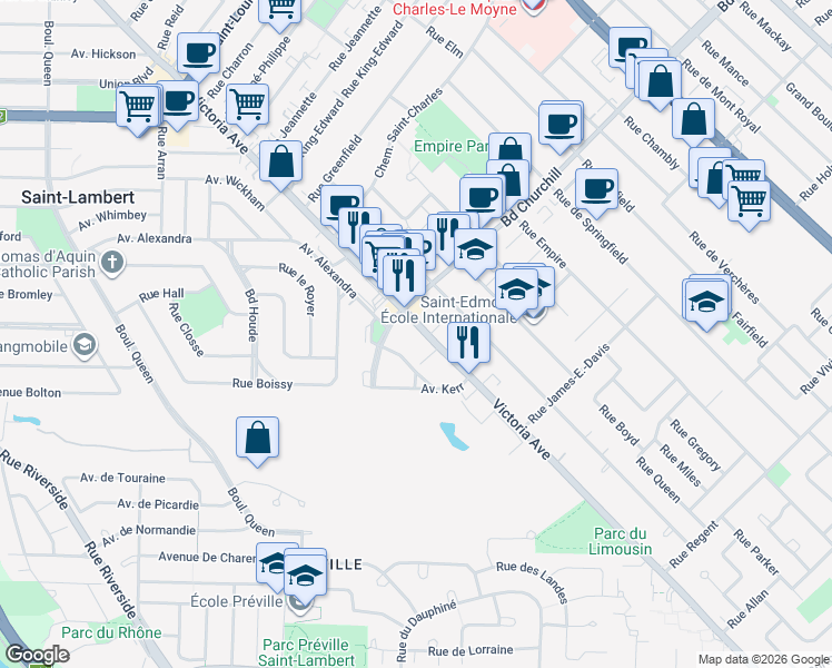 map of restaurants, bars, coffee shops, grocery stores, and more near 1525 Avenue Victoria in Saint-Lambert