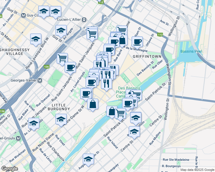 map of restaurants, bars, coffee shops, grocery stores, and more near in Montreal