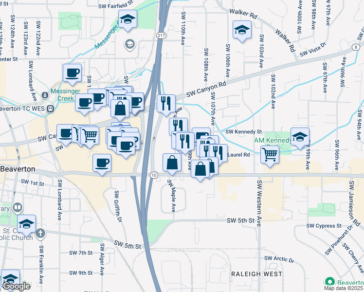 map of restaurants, bars, coffee shops, grocery stores, and more near 4280 Southwest 110th Avenue in Beaverton