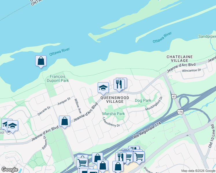map of restaurants, bars, coffee shops, grocery stores, and more near 204 Millroad Way in Ottawa