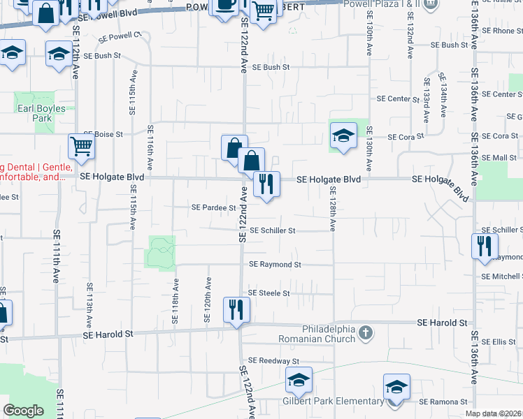 map of restaurants, bars, coffee shops, grocery stores, and more near 12314 Southeast Holgate Boulevard in Portland