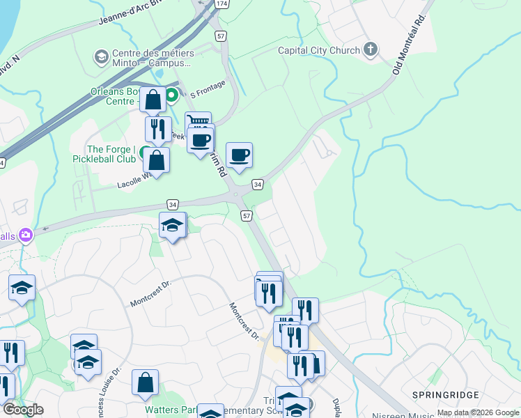 map of restaurants, bars, coffee shops, grocery stores, and more near 257 Antigonish Avenue in Ottawa