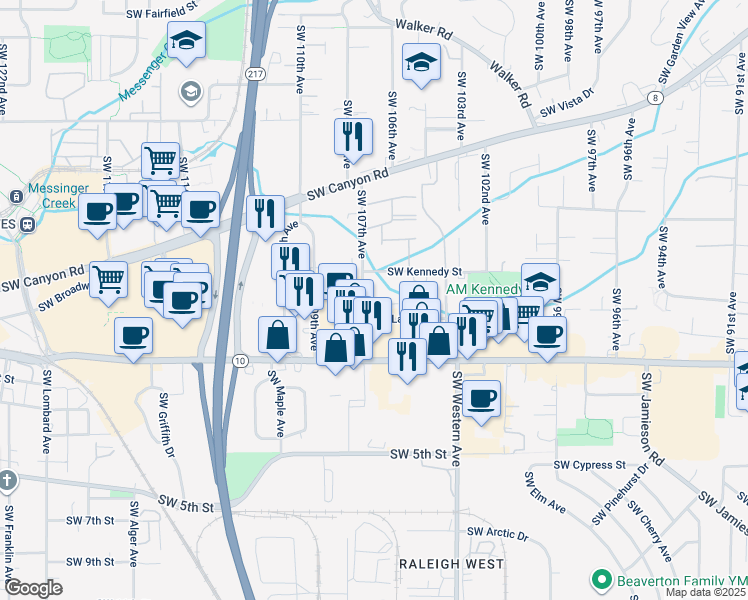 map of restaurants, bars, coffee shops, grocery stores, and more near 4325 Southwest 107th Avenue in Beaverton