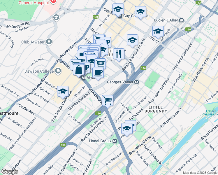 map of restaurants, bars, coffee shops, grocery stores, and more near 2199 Rue du Souvenir in Montréal