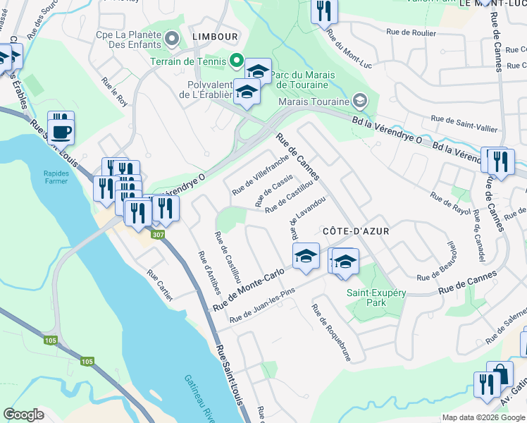 map of restaurants, bars, coffee shops, grocery stores, and more near 55 Rue de Castillou in Gatineau
