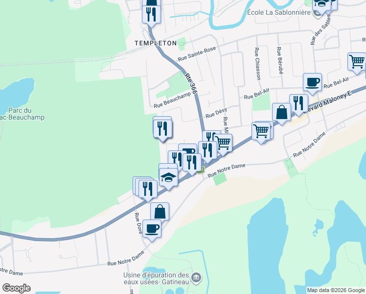 map of restaurants, bars, coffee shops, grocery stores, and more near 15 Rue de Calumet in Gatineau