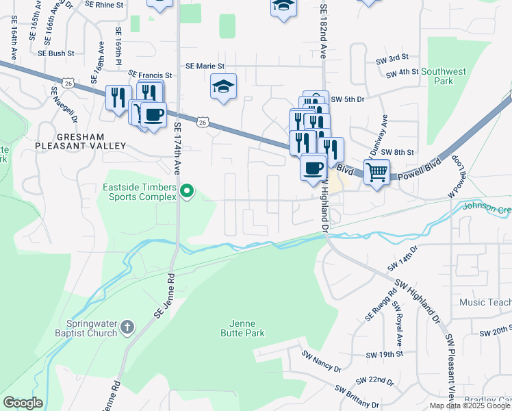 map of restaurants, bars, coffee shops, grocery stores, and more near 4850 Southwest 11th Street in Gresham
