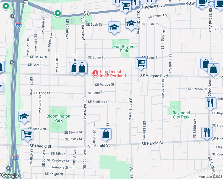 map of restaurants, bars, coffee shops, grocery stores, and more near 10821 Southeast Long Street in Portland