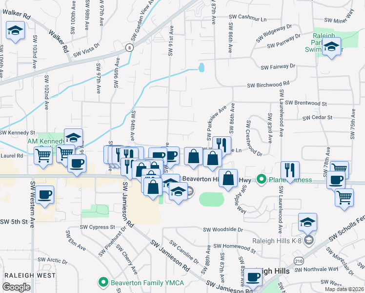 map of restaurants, bars, coffee shops, grocery stores, and more near 9001 Southwest Robert Gray Lane in Portland