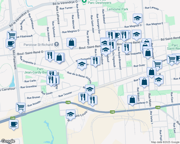 map of restaurants, bars, coffee shops, grocery stores, and more near 312 Rue Ryan in Gatineau