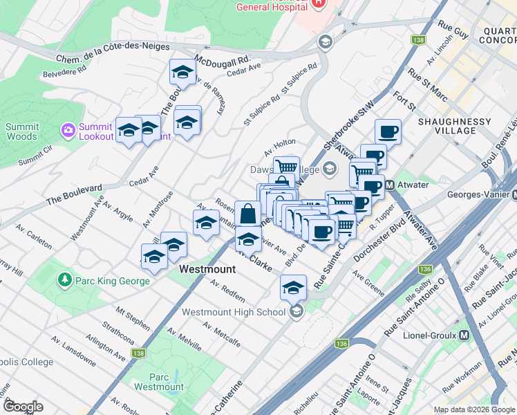map of restaurants, bars, coffee shops, grocery stores, and more near 421 Avenue Mount Pleasant in Westmount