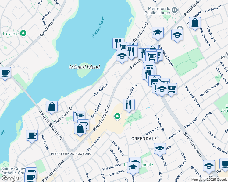 map of restaurants, bars, coffee shops, grocery stores, and more near 14505 Pierrefonds Boulevard in Montreal