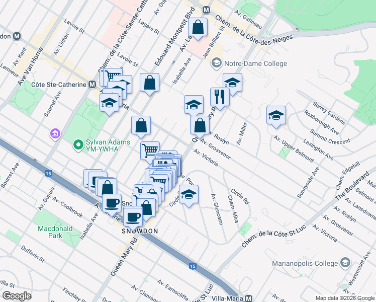 map of restaurants, bars, coffee shops, grocery stores, and more near 4810 Queen Mary Road in Montreal
