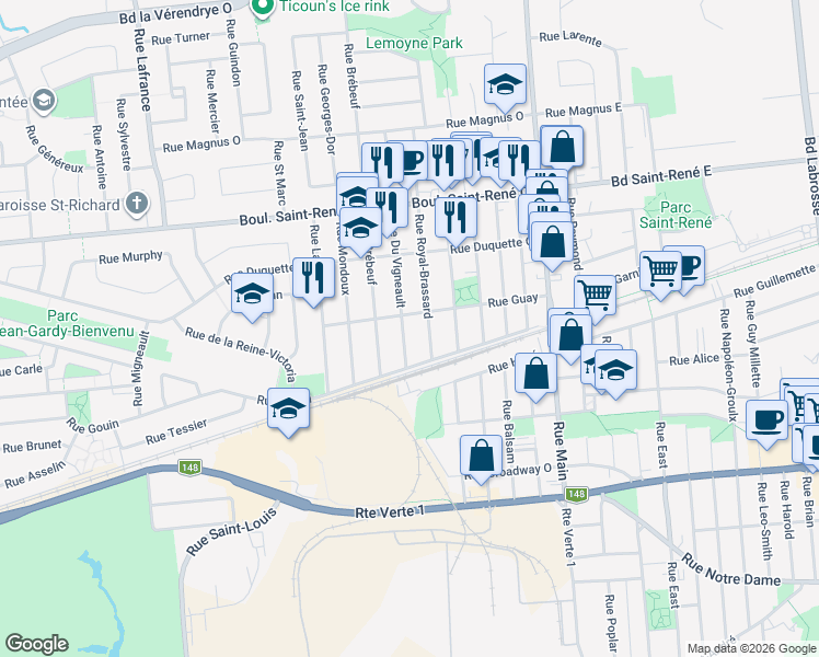 map of restaurants, bars, coffee shops, grocery stores, and more near 312 Rue du Vigneau in Gatineau