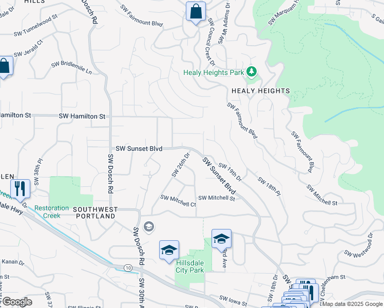 map of restaurants, bars, coffee shops, grocery stores, and more near 2540 Southwest Sunset Boulevard in Portland