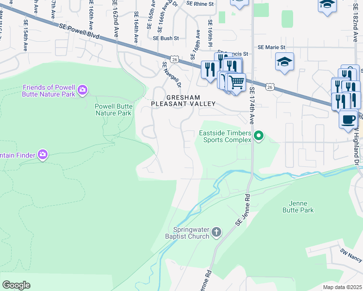 map of restaurants, bars, coffee shops, grocery stores, and more near 9701 Johnson Creek Trail in Portland