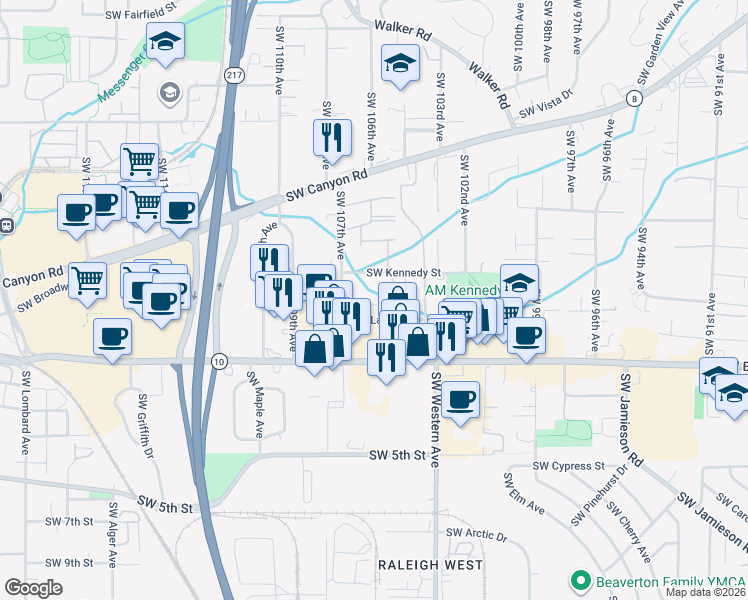 map of restaurants, bars, coffee shops, grocery stores, and more near 4430 Southwest 107th Avenue in Beaverton