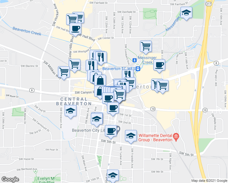 map of restaurants, bars, coffee shops, grocery stores, and more near 12432 Southwest Canyon Road in Beaverton