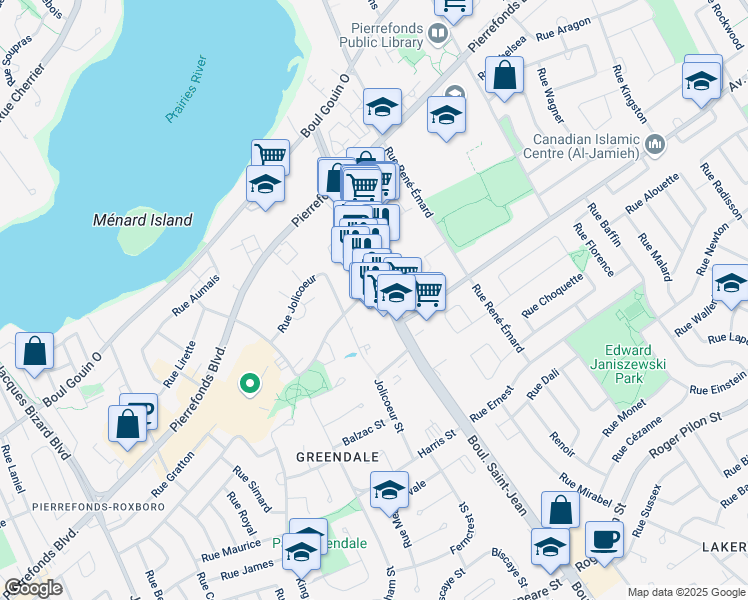 map of restaurants, bars, coffee shops, grocery stores, and more near 4750 Boulevard Saint-Jean in Montréal