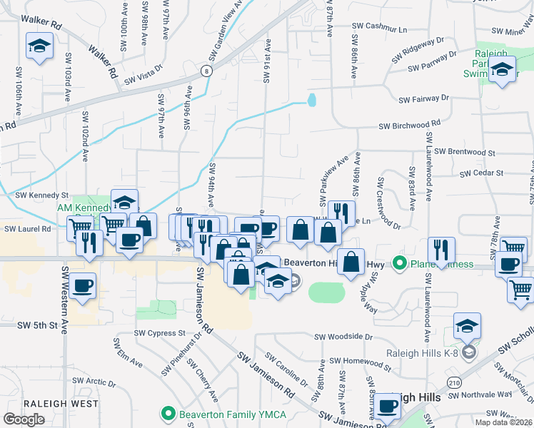 map of restaurants, bars, coffee shops, grocery stores, and more near 4300 Southwest 91st Avenue in Portland