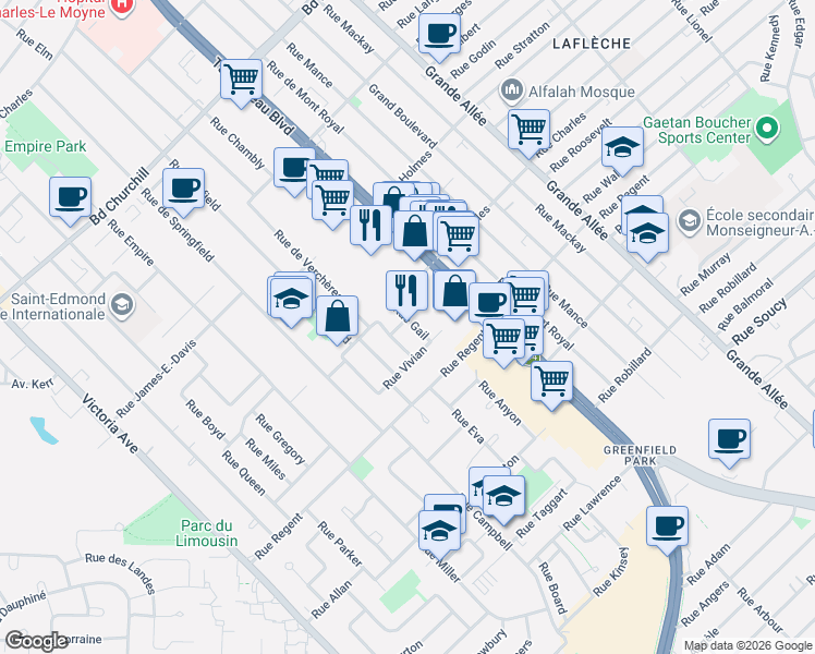 map of restaurants, bars, coffee shops, grocery stores, and more near 563 Rue Gail in Longueuil
