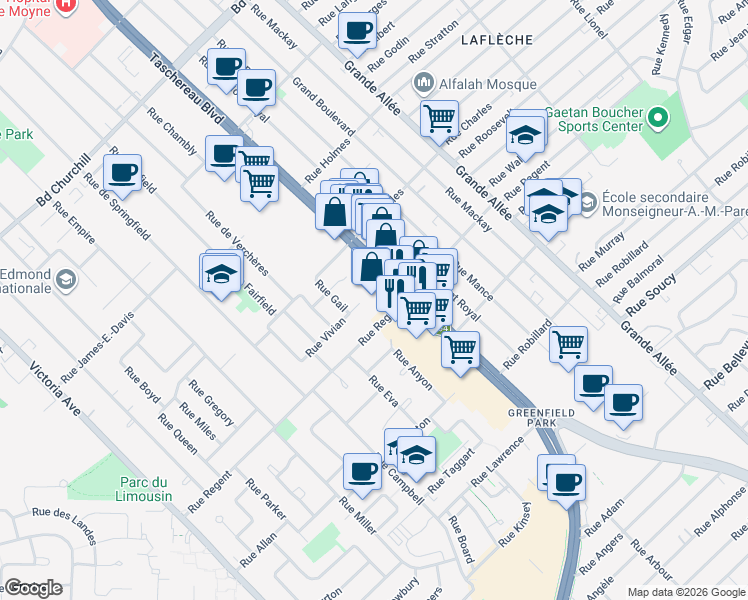 map of restaurants, bars, coffee shops, grocery stores, and more near 3654 Boulevard Taschereau in Longueuil