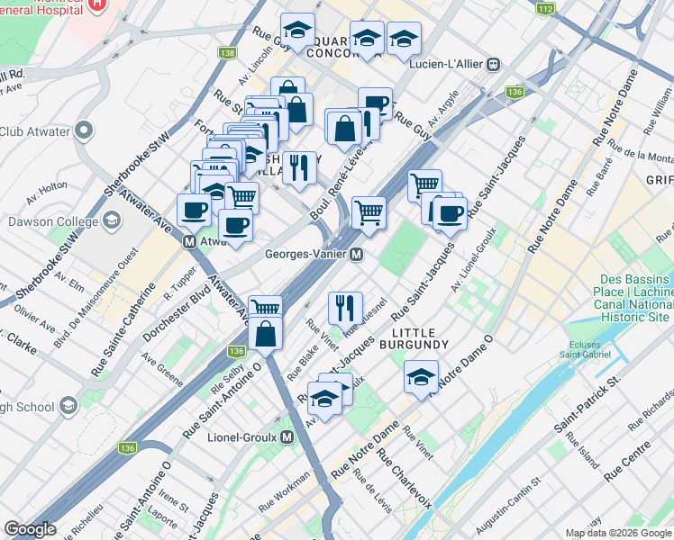 map of restaurants, bars, coffee shops, grocery stores, and more near 2250 Rue Saint-Antoine Ouest in Montréal