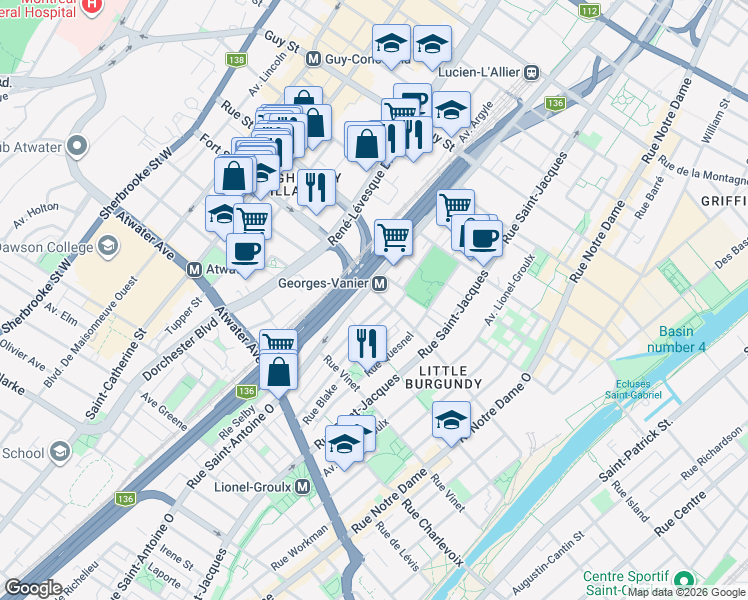 map of restaurants, bars, coffee shops, grocery stores, and more near 2206 Rue Saint-Antoine Ouest in Montréal