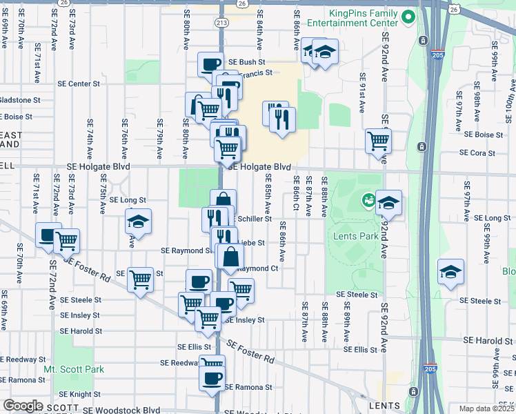 map of restaurants, bars, coffee shops, grocery stores, and more near 4611 Southeast 84th Avenue in Portland