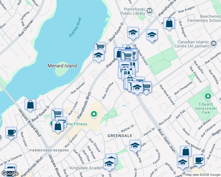 map of restaurants, bars, coffee shops, grocery stores, and more near 14370 Rue Jolicoeur in Montréal