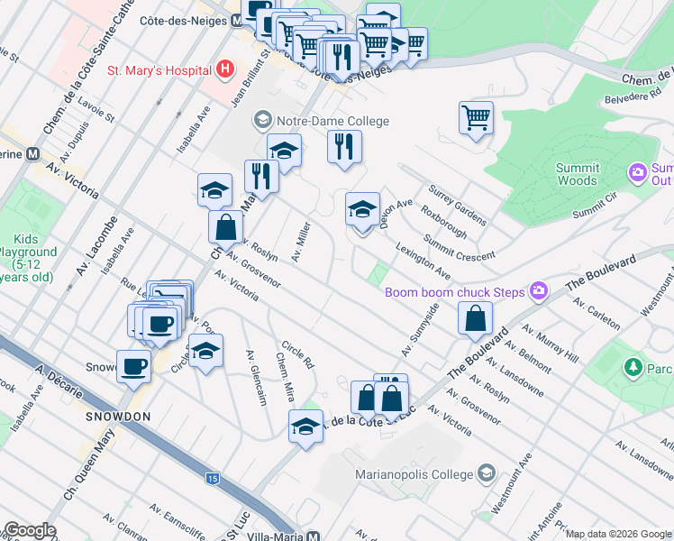 map of restaurants, bars, coffee shops, grocery stores, and more near 4817 Rue Cedar Crescent in Westmount