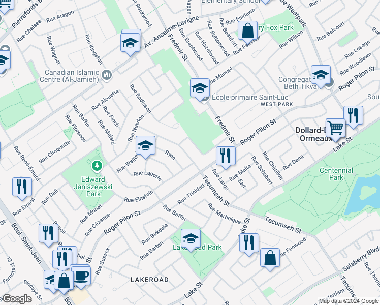 map of restaurants, bars, coffee shops, grocery stores, and more near 1265 Rue Tecumseh in Dollard-des-Ormeaux
