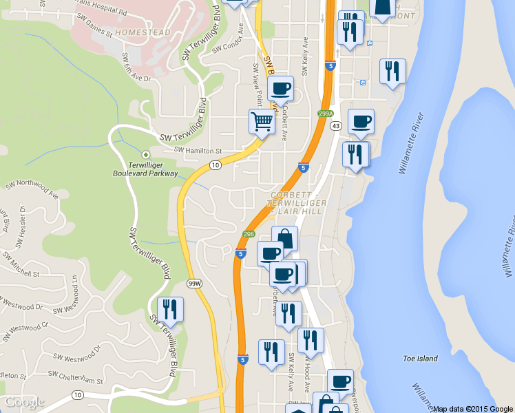 map of restaurants, bars, coffee shops, grocery stores, and more near SouthWest Viewpoint Court in Portland