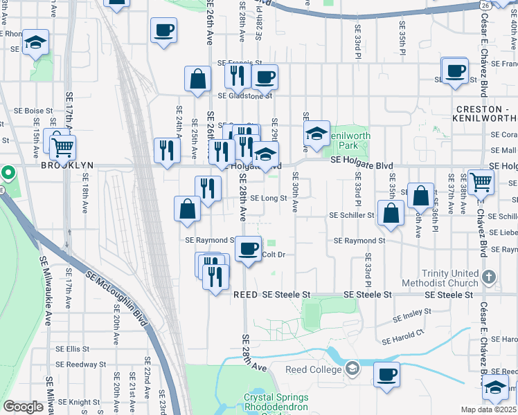 map of restaurants, bars, coffee shops, grocery stores, and more near 2845 Southeast Schiller Street in Portland