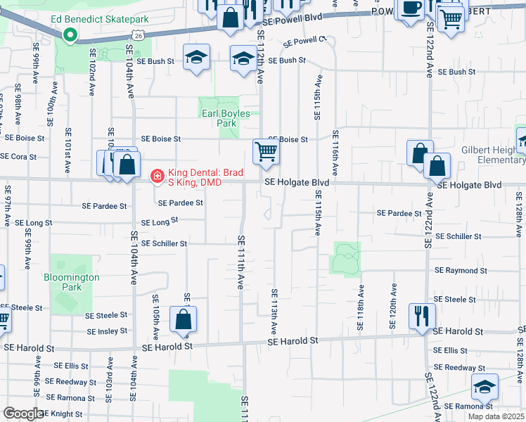 map of restaurants, bars, coffee shops, grocery stores, and more near 4558 Southeast 111th Avenue in Portland