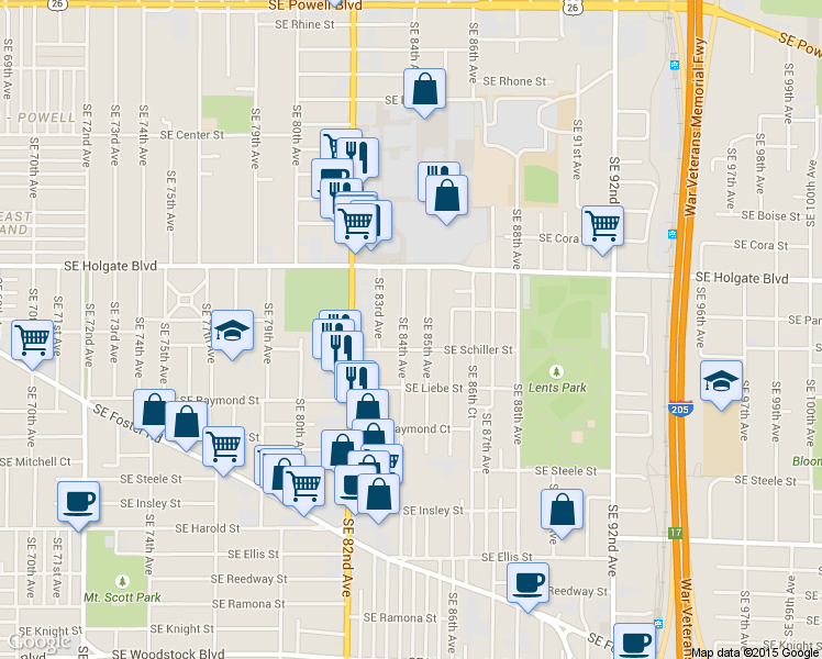 map of restaurants, bars, coffee shops, grocery stores, and more near 4611 Southeast 84th Avenue in Portland